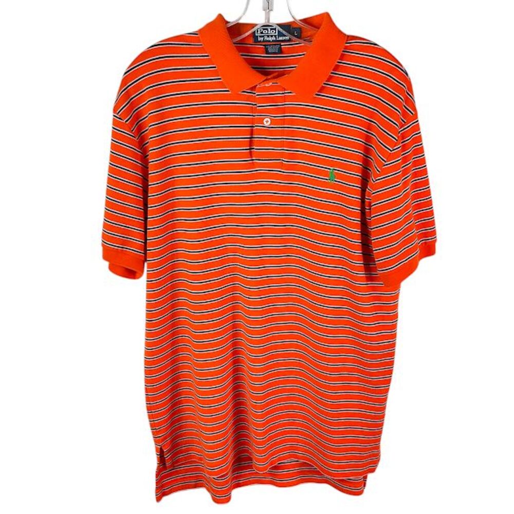 Polo Ralph Lauren Preppy Striped Polo Shirt Mens L Orange Blue Cotton Golf